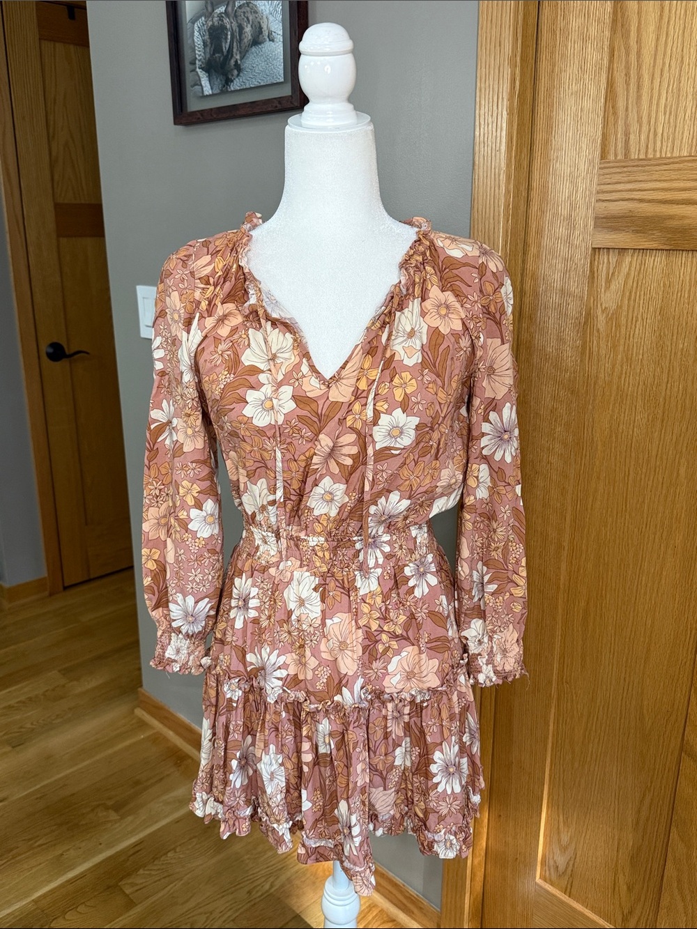 Petal & Pup Rust Floral Long Sleeve Tiered Mini Dress